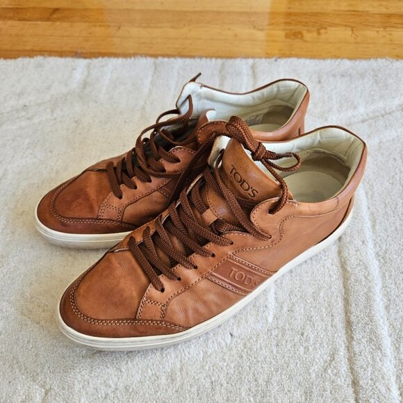 TOD'S Genuine Leather Low top Sneakers Men's 8 Tan Brown Old Money Quiet Luxury - Picture 2 of 6